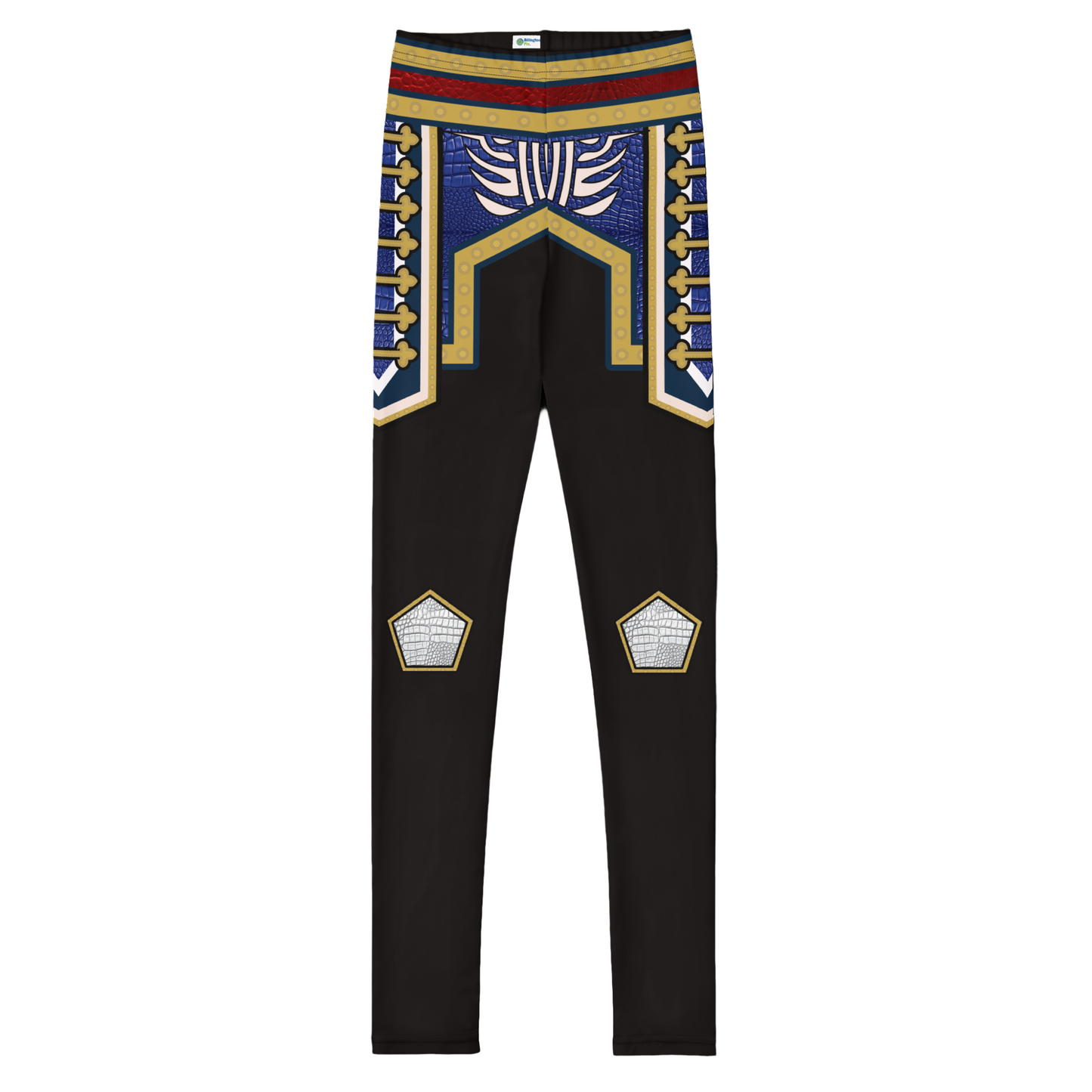 Youth red wrestling cosplay leggings with gold and blue armour panels, front sample view