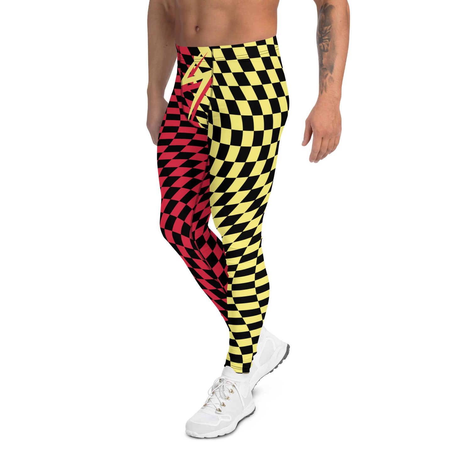 Mens Leggings Harlequin Checked Meggings 80s Wrestling Style Meggs Party Clubbing Costume Yoga Pilates Sports Leggings Halloween Streetwear. Red, yellow, black glitch check pants for burning man, festivals, parties, performances, dance, zigzag front