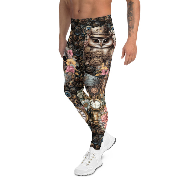 Mens Leggings Steampunk Horology Pants, Fashion Meggings, BJJ Grappling Spats, Pro Wrestling Tights, Rave Gear, Clubbing Outfit, Running tights for watch geeks and perpetual calendar fans. Jules Verne vibes. Clockwork all-over pattern guys leggings.