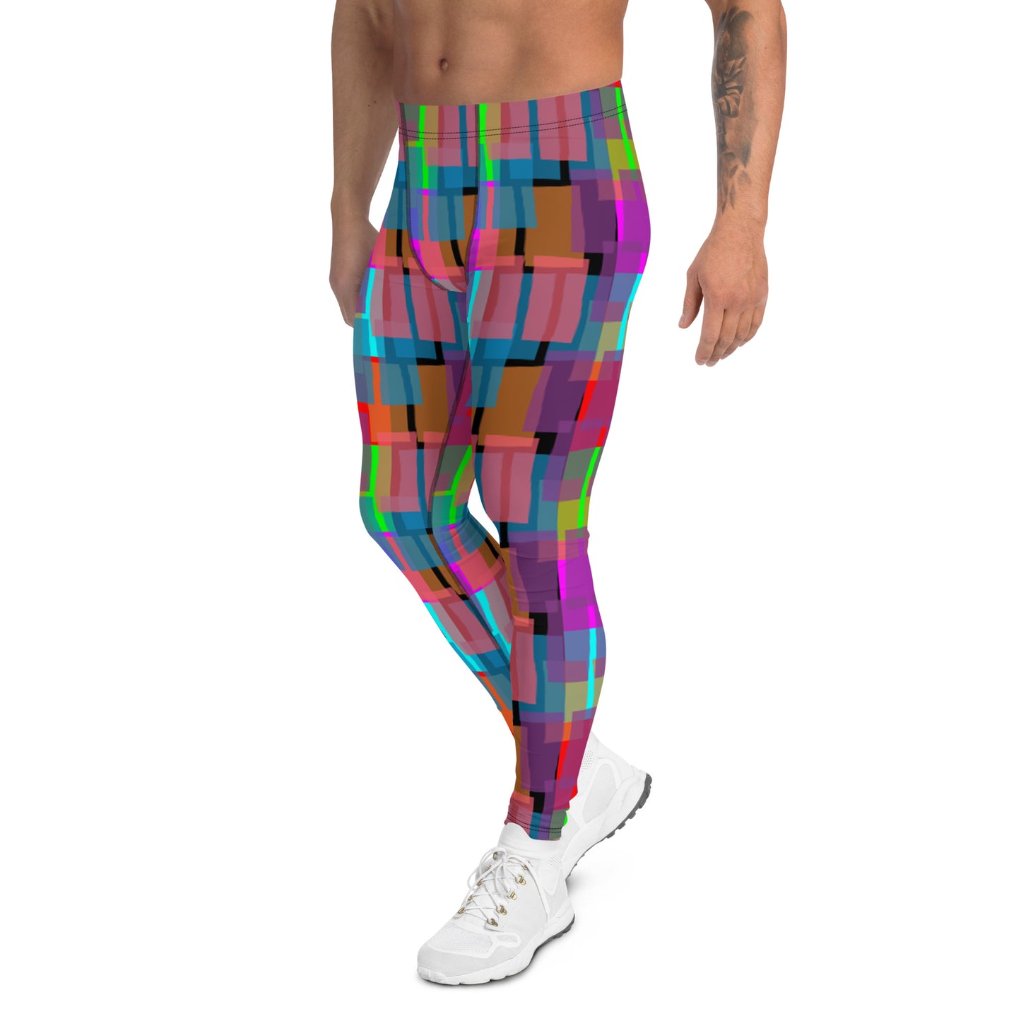 Leggings for men in rainbow colors. Great geometric shaped patterned pro wrestling tights or BJJ no-MMA spats for guys in ankle length and elastic waistband.