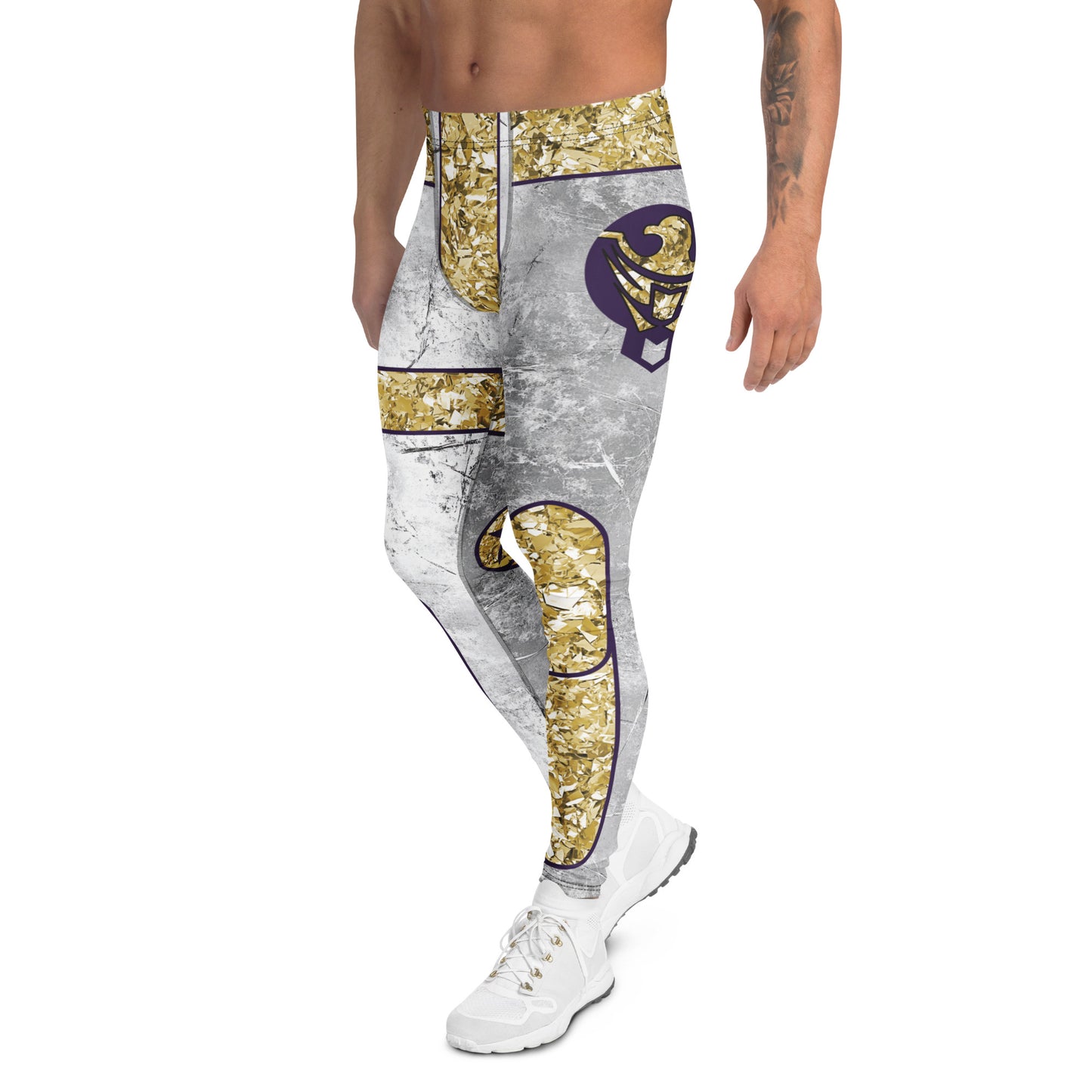 Mens leggings with gold and silver fauz glitter printed design. Fun pro wrestling style for cosplayers or wwe fans. Eagle design on the outside leg. Elasticated waistband, mid rise, ankle length footless legs.