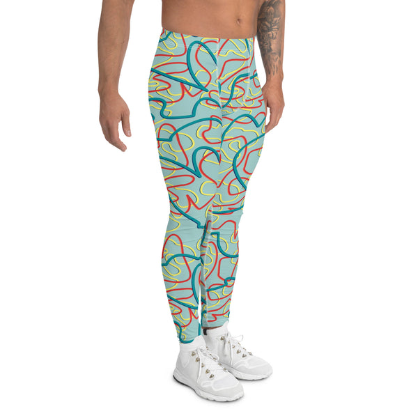 Mens Leggings Abstract Stripes, Fashion Meggings, Running Tights, Athleisure Fashion, Patterned Festival Meggings, Clubbing Rave Outfit. Pastel rainbowcore kidcore pro wrestling tights for guys. Clowncore striped pants. Blue, rainbow running tights