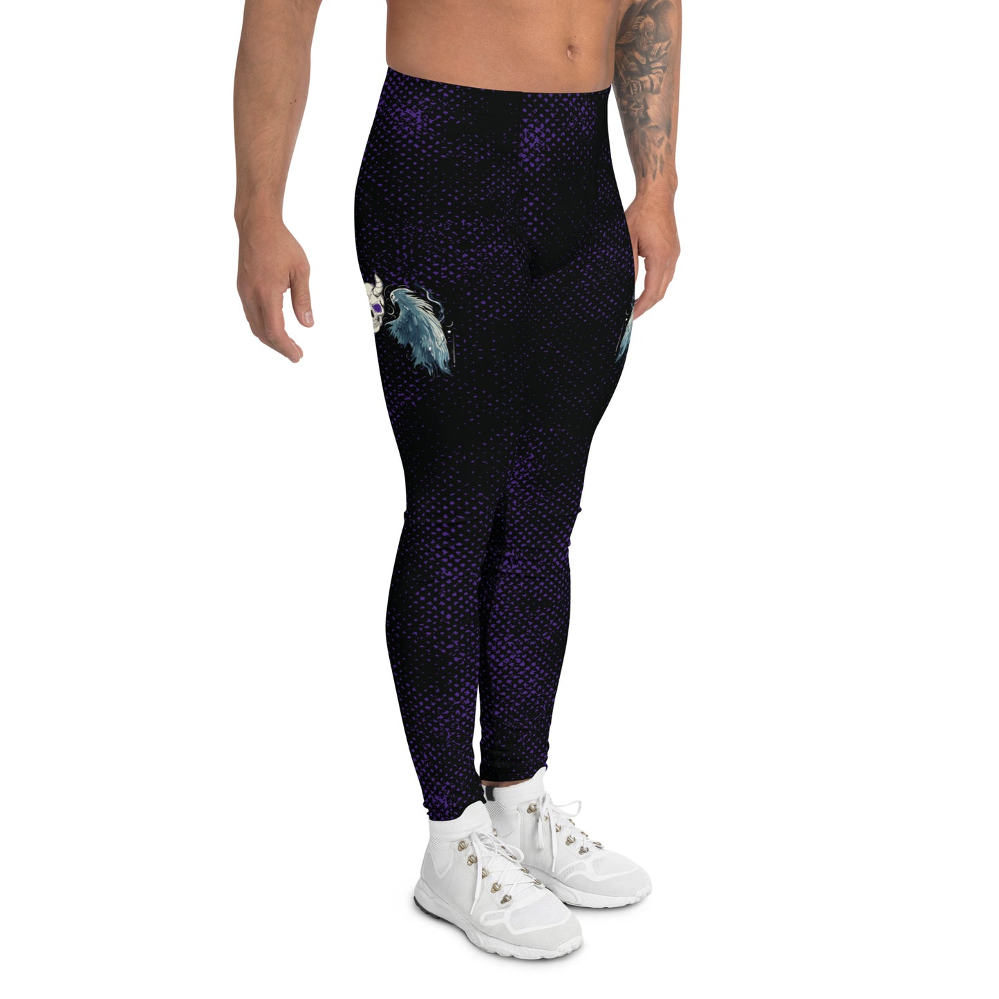 spooky dark fashion meggings with skull and wings on a black and purple distressed background. Mid rise leggings for men with ankle length legs.