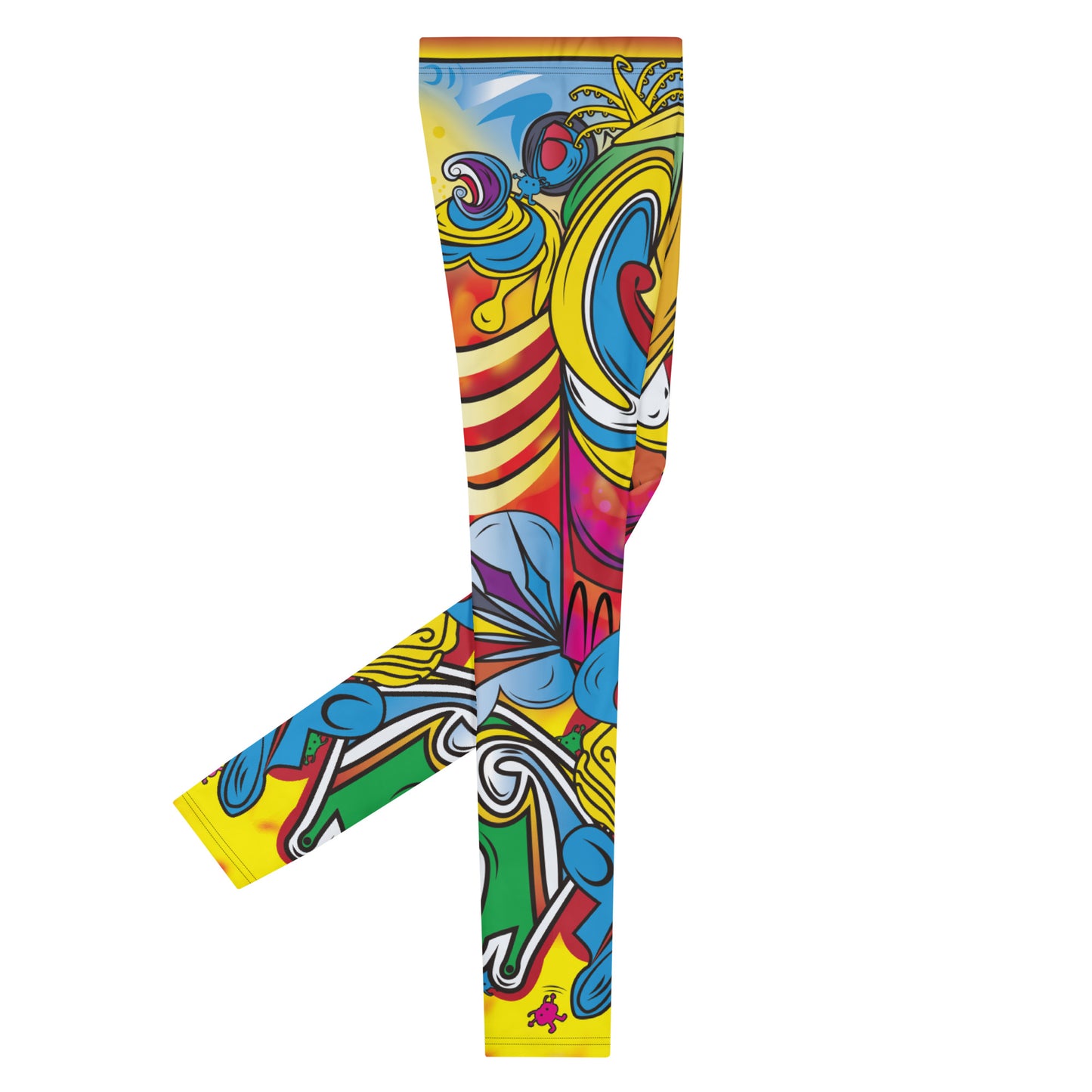 Men's leggings with an abstract design inspired by subatomic particles and Mexican luche libre pro wrestling tights. Rainbow colored running tights with elasticated mid-rise waistband and footless ankle length legs in polyester and spandex.