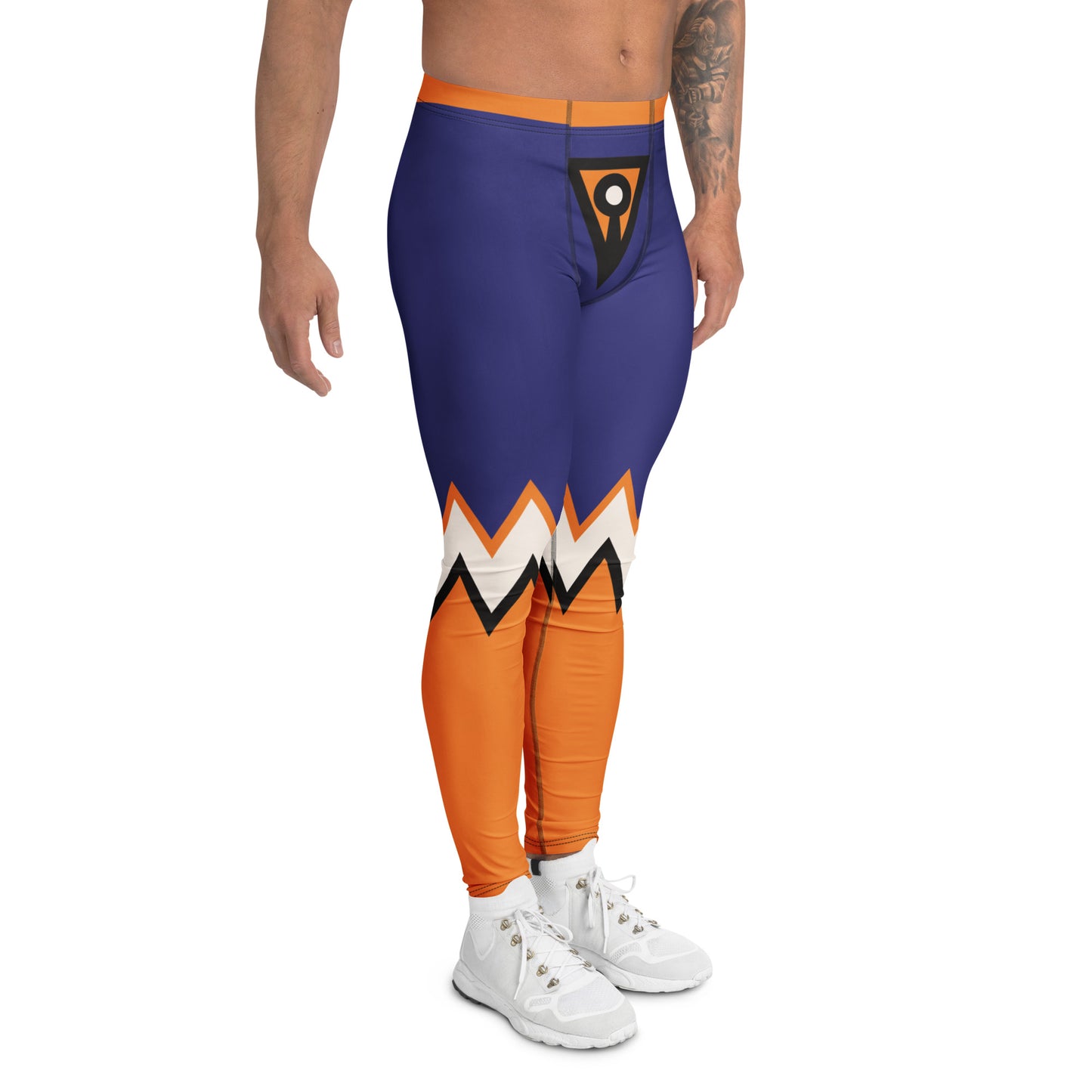 blue and orange leggings for men looking to the right