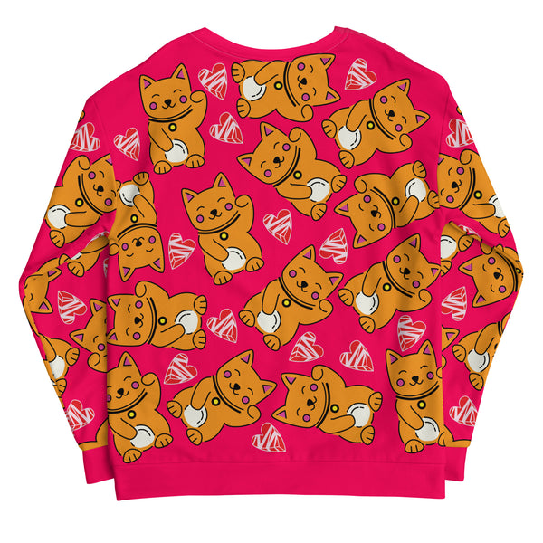 Unisex Sweatshirt Kawaii Cats and Hearts - Hot Pink