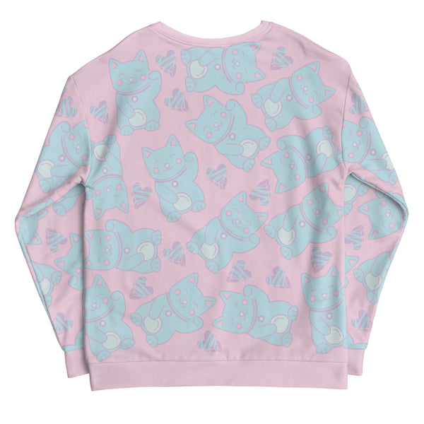 Pastel punk anime Harajuku neko cats in blue against a pink background on this sweater by BillingtonPix