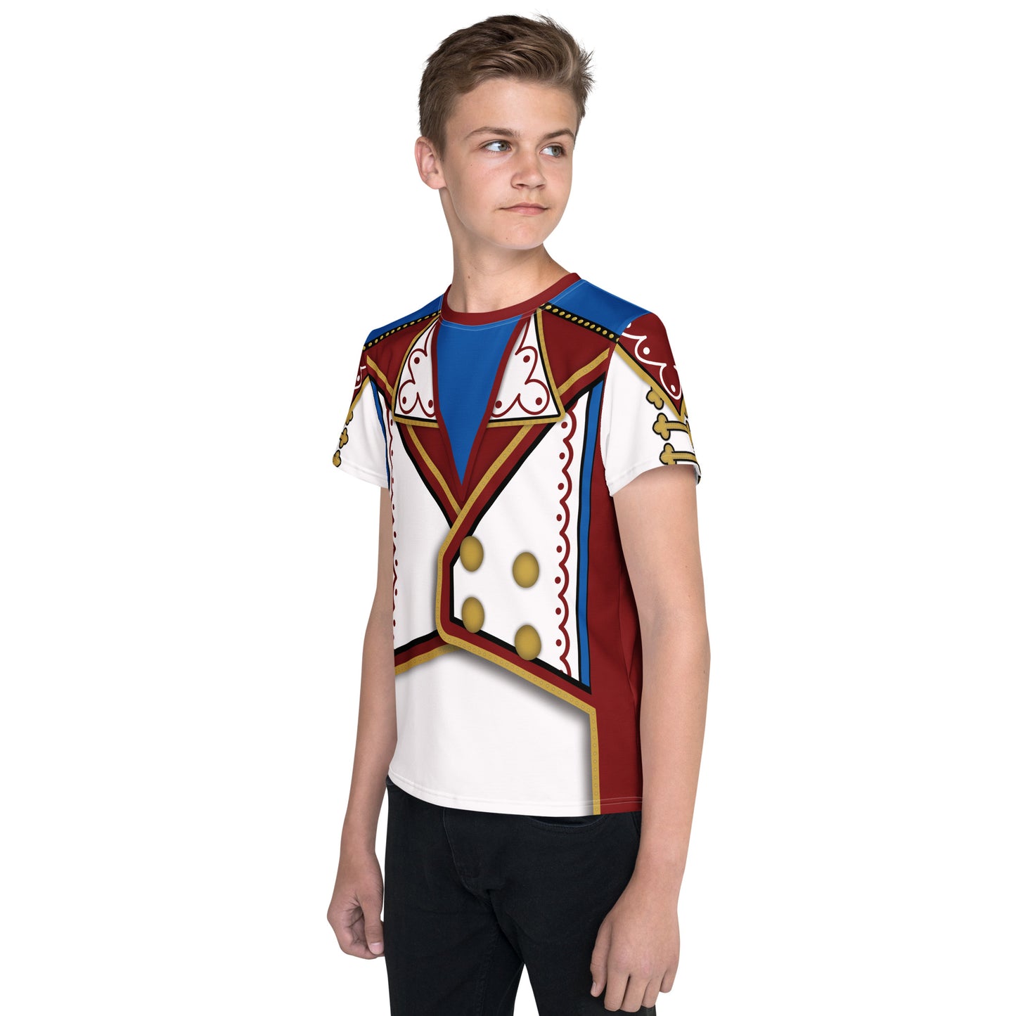 teen boy wearing retro military style printed wrestling cosplay t-shirt in white, maroon and blue with gold buttons and braiding. Right view.