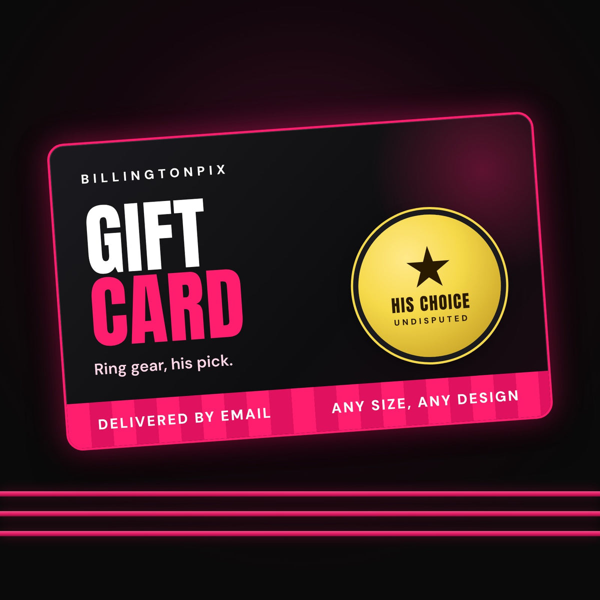 BillingtonPix wrestling gift card in black and pink with a gold championship badge
