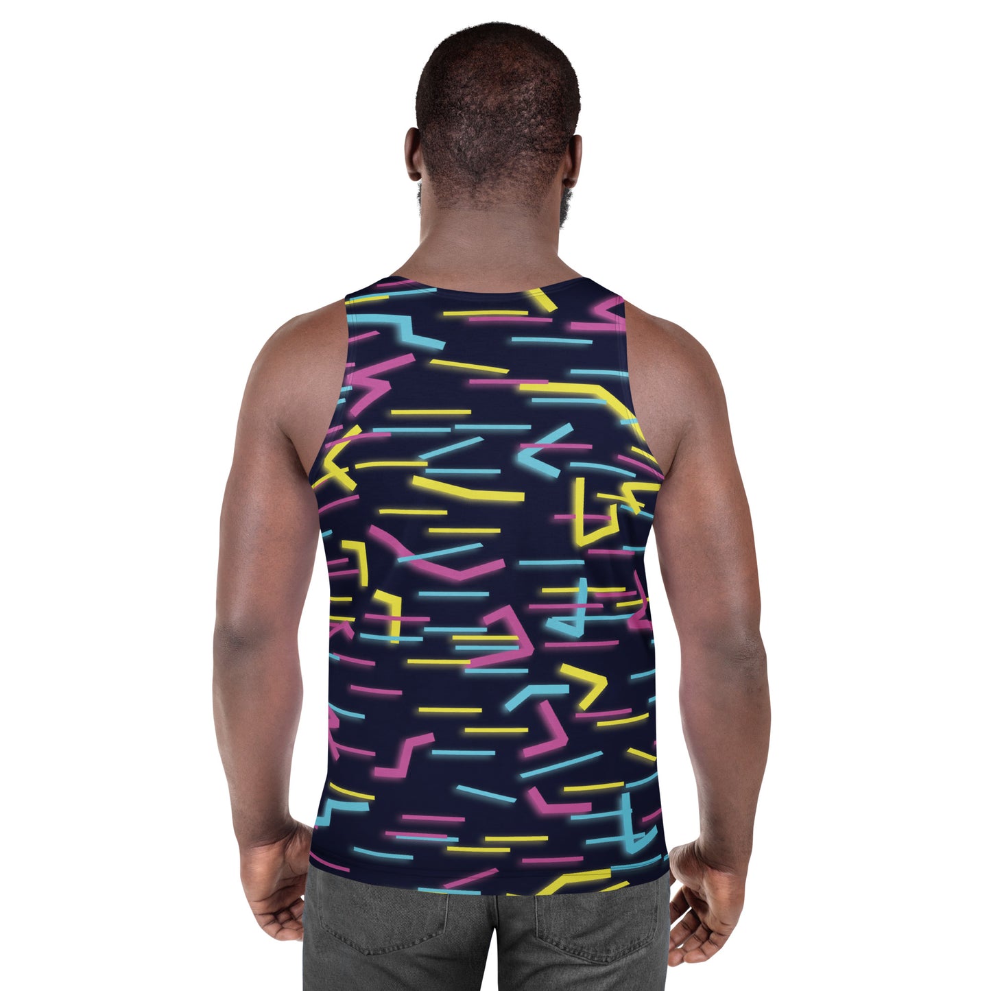 Back view of Wildbyte tank top showing wraparound digital circuitry pattern.