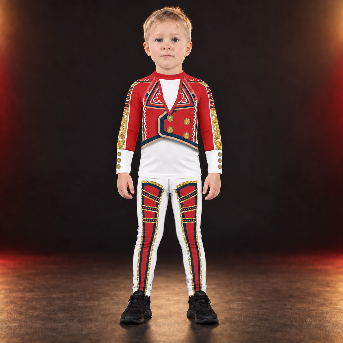 Child wearing the White Circus kids rash guard and leggings together, front view