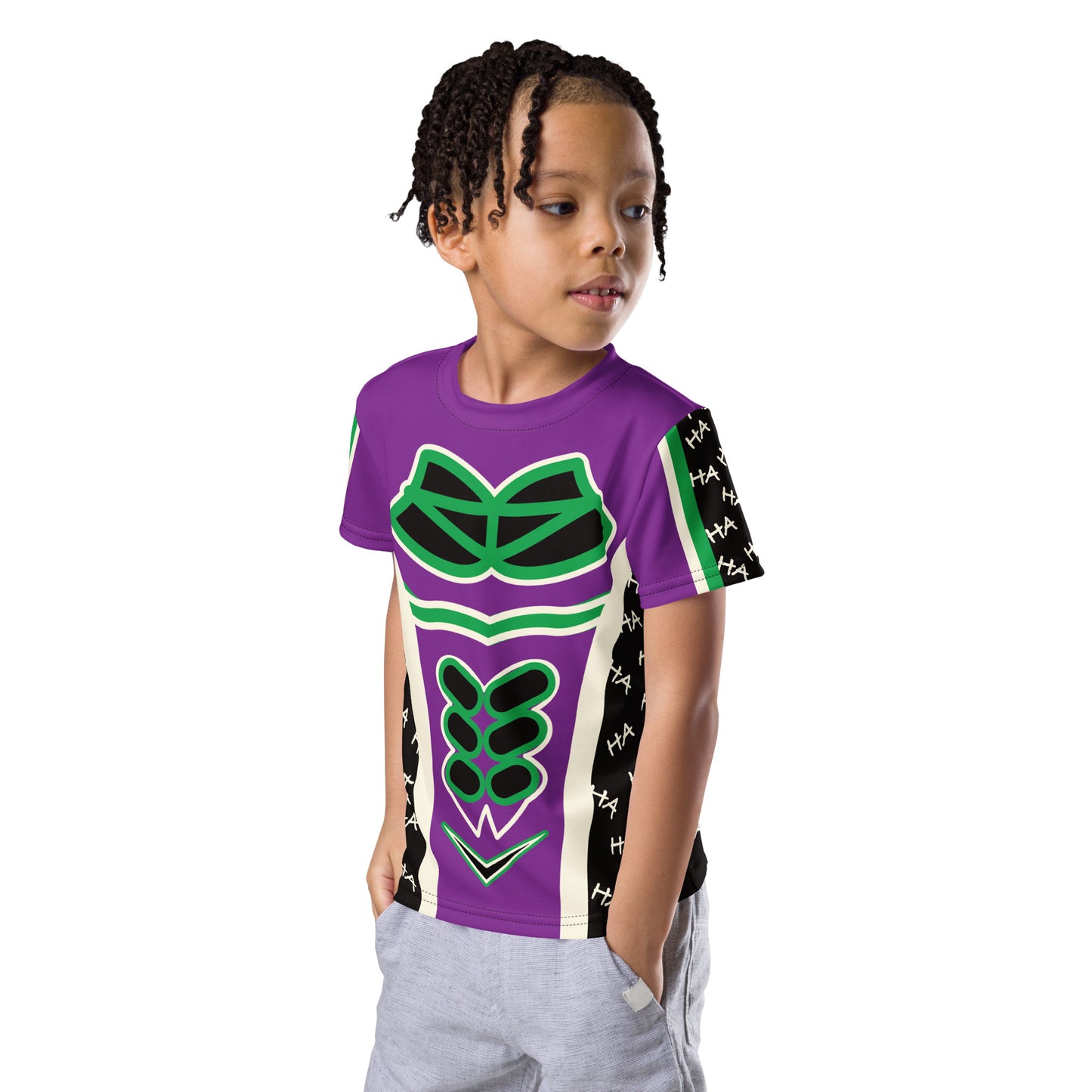 Purple kids activewear cosplay t-shirt in purple and green with haha on the sides and mock chest muscles.