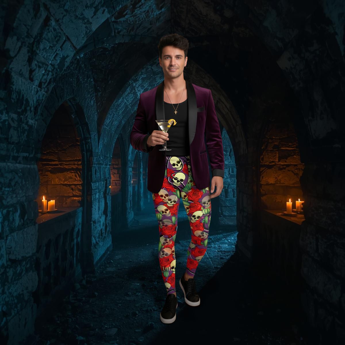 Man in a dark, stone-walled room holding a cocktail glass, wearing a colorful outfit with skull and floral patterns.