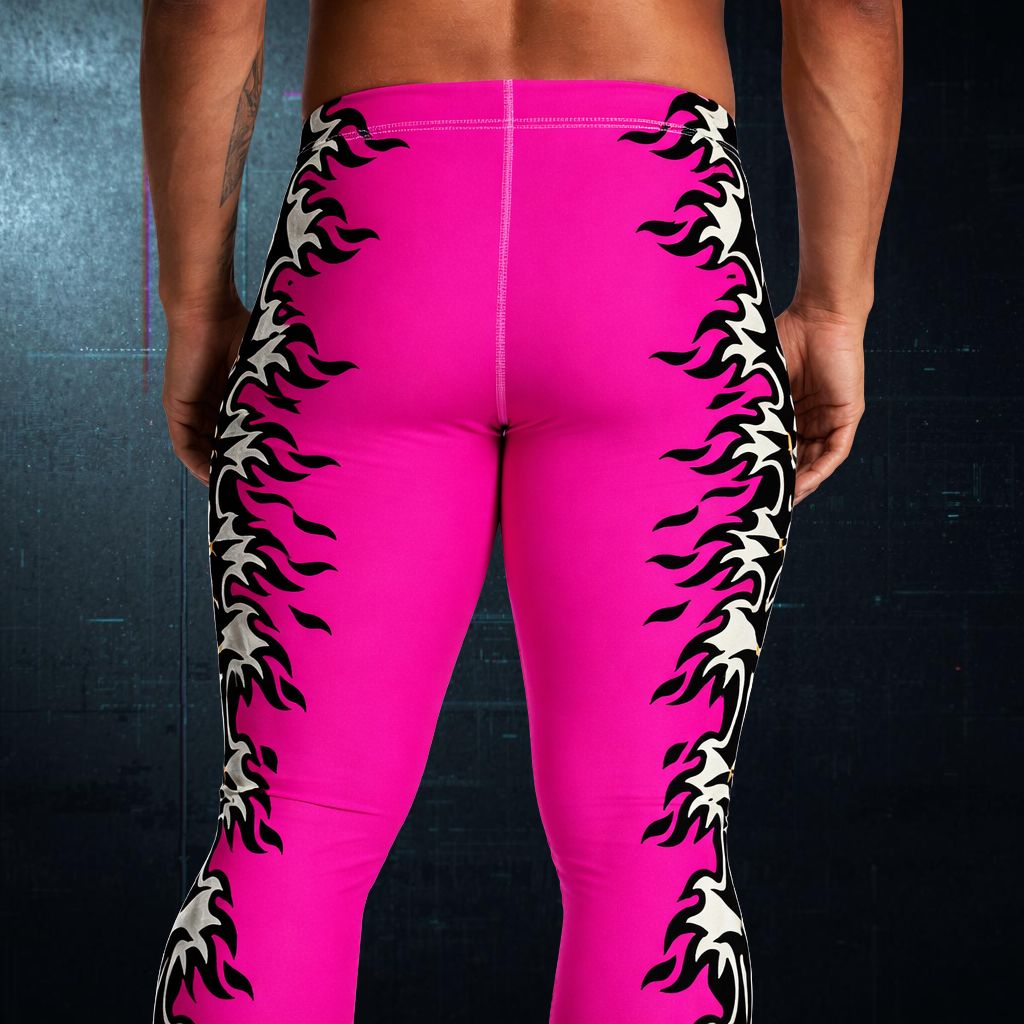 Pink leggings with black and white flame patterns on a dark background - rear view