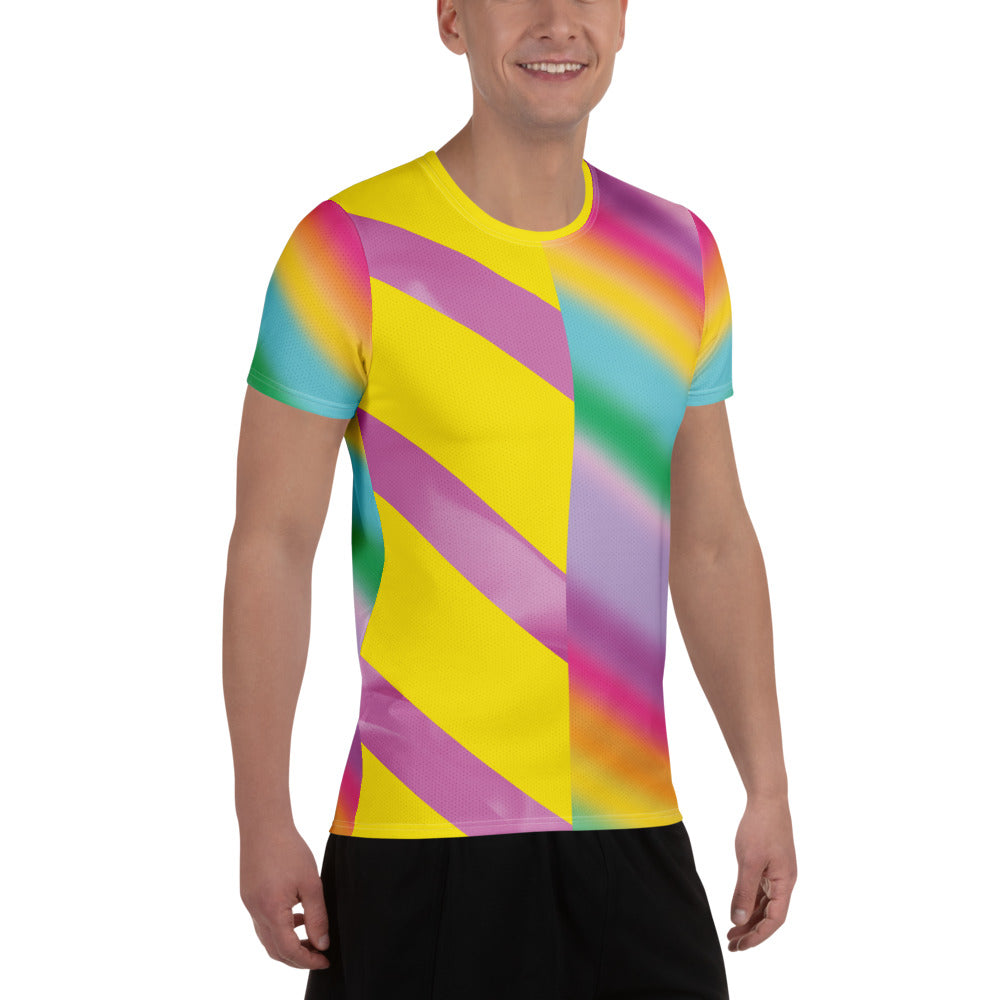 Colourful men’s athletic t-shirt with pastel rainbow gradient sleeves and diagonal panels - front view