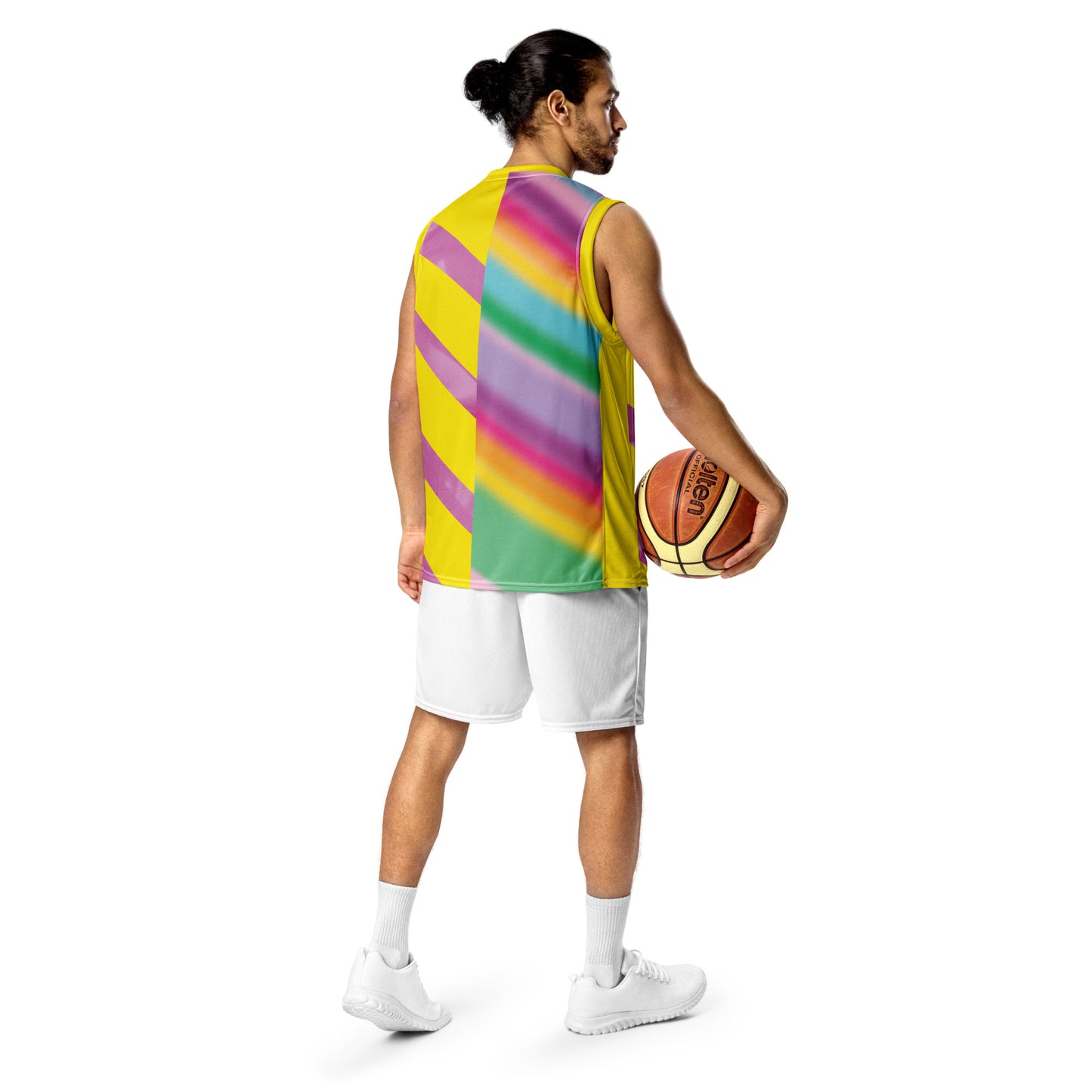 Men’s pastel rainbow basketball jersey with geometric stripe design back view