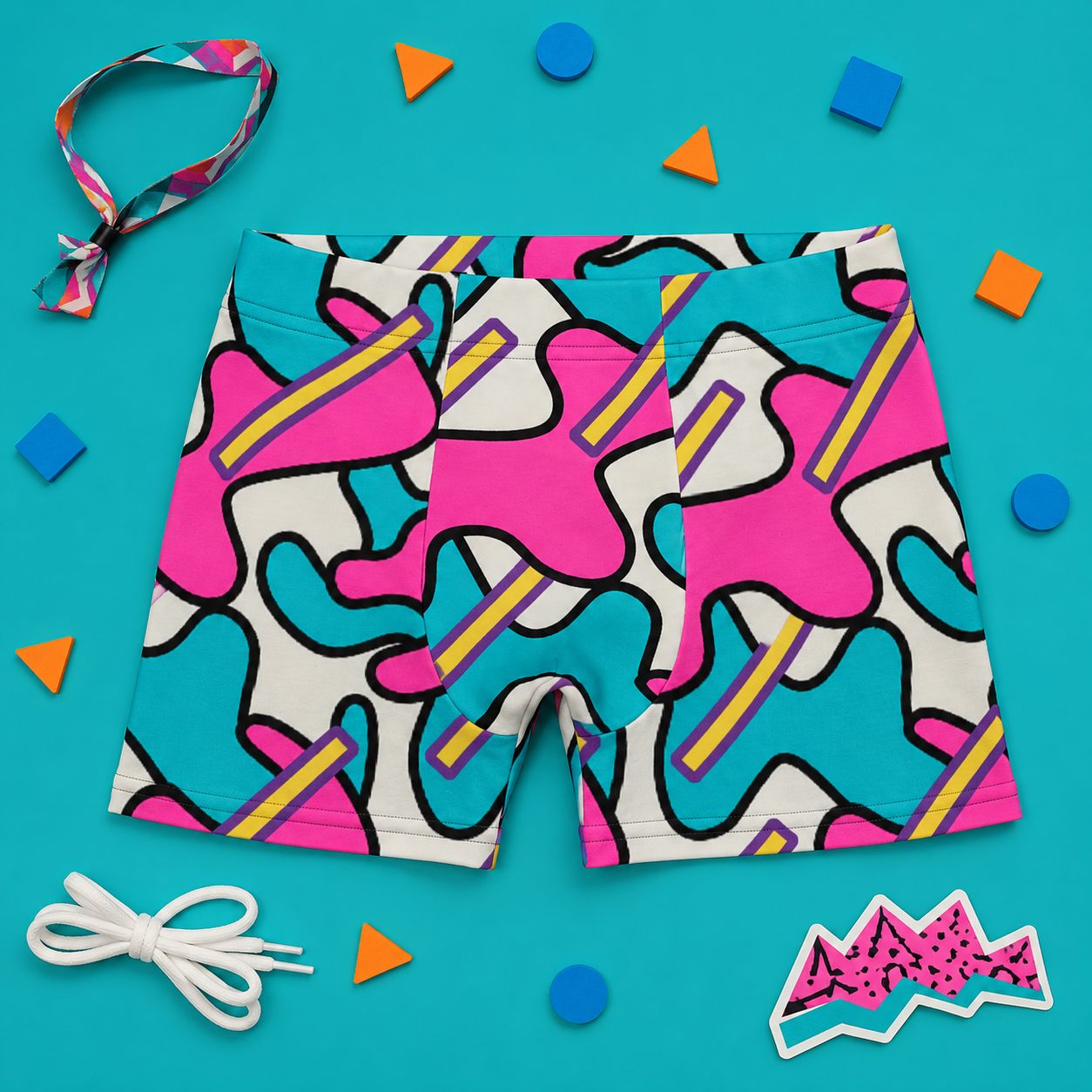 Colorful patterned boxer briefs on a blue background with geometric shapes and a lanyard.