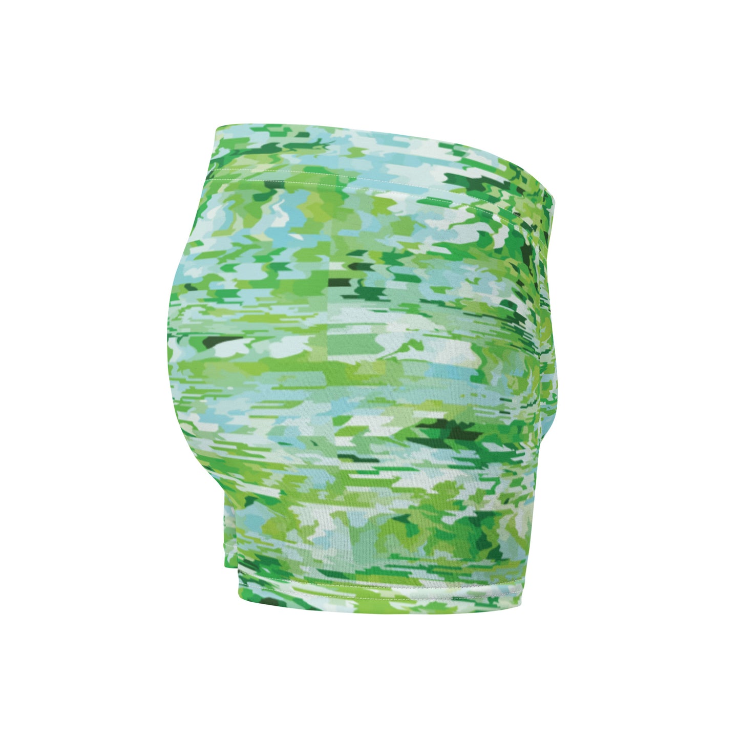 Green camouflage-patterned boxer briefs on a white background