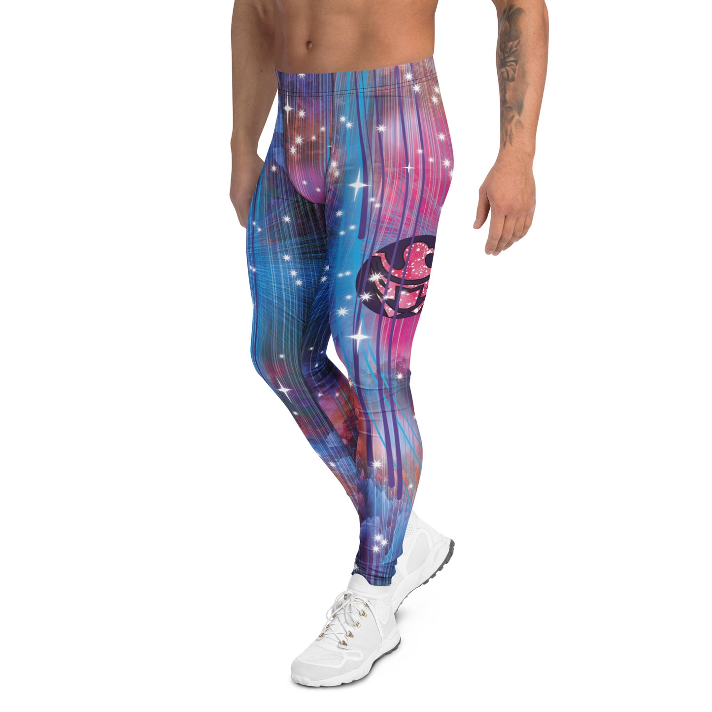Stripey celestial themed fashion leggings for men in purple, blue and pink tones with bright stars and bird iconography. Fun bright pro wrestling tights for guys with mid-rise waistband and footless ankle length legs. Rave pants.