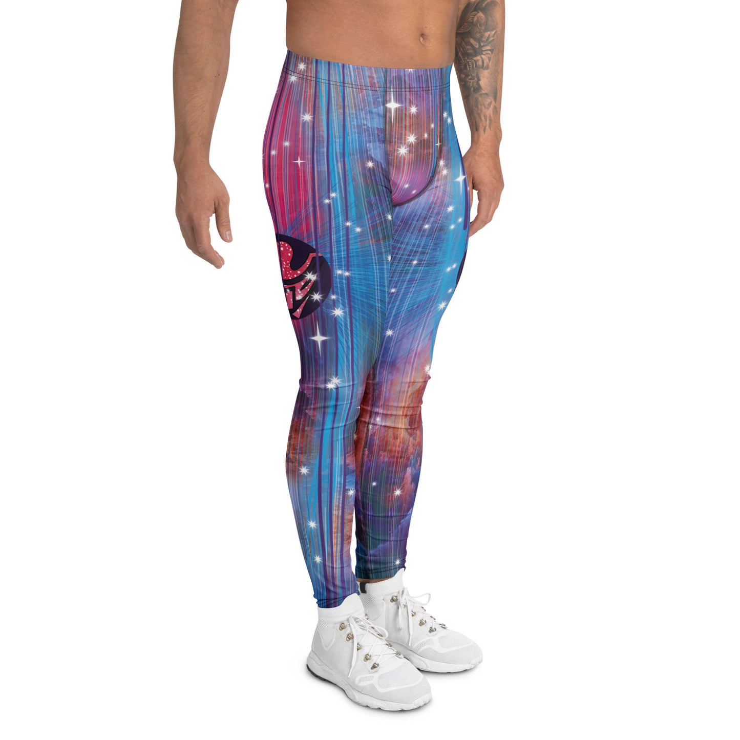 Stripey celestial themed fashion leggings for men in purple, blue and pink tones with bright stars and bird iconography. Fun bright pro wrestling tights for guys with mid-rise waistband and footless ankle length legs. Rave pants.