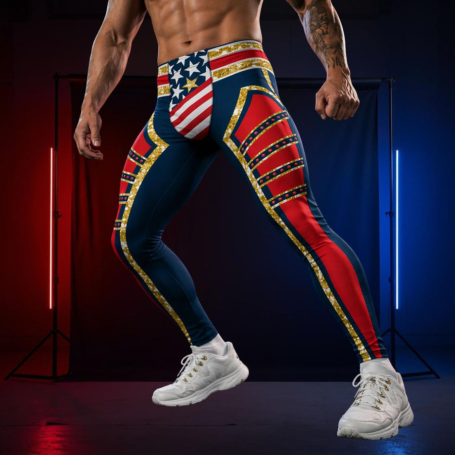 Person wearing a colorful patriotic wrestling tights with American flag design on a dark neon background