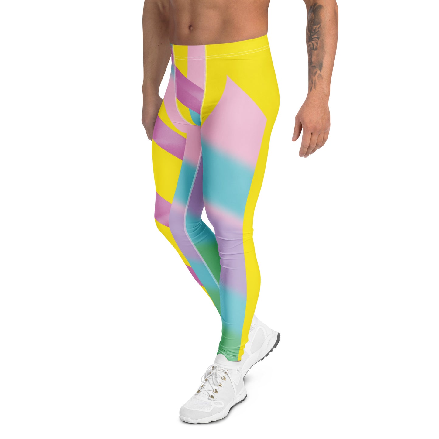 men's leggings and wrestling tights for cosplay in yellow and pastel rainbow design. Insets with alternating pattern. Mid rise fashion meggings for guys with ankle length footless legs. Front gusset for extra support.