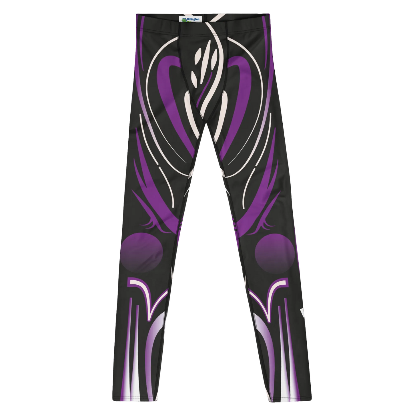 Burning Man cyberpunk leggings for men in purple, white and black with swirly pattern in futuristic cyberpunk design. Mid rise and ankle length festival meggings