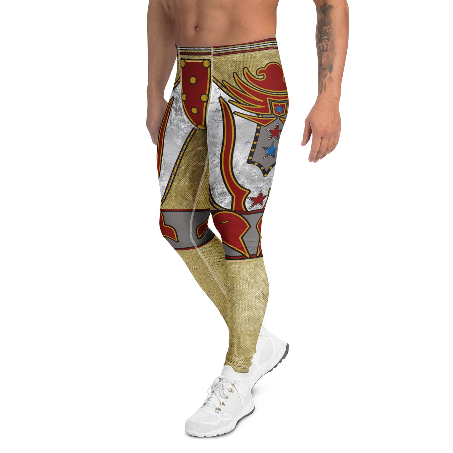 Pro wrestling tights for men in spandex and polyester with patriotic retro style in gold and silver glitter effect with red eagles and feathers. Military style leggings for guys with elasticated mid rise and ankle length footless legs. Fun party leggings for cosplayers and wrestling sports fans.