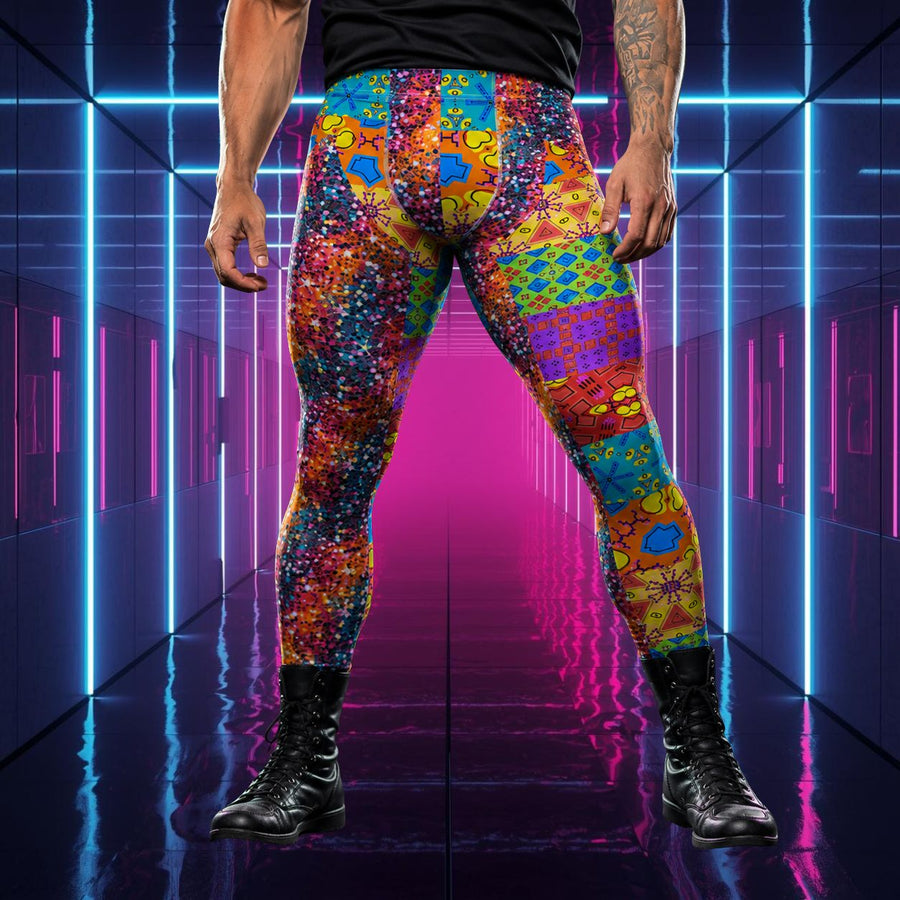 Man wearing bold wrestling tights in kitsch retro style with glitter and retro patchwork