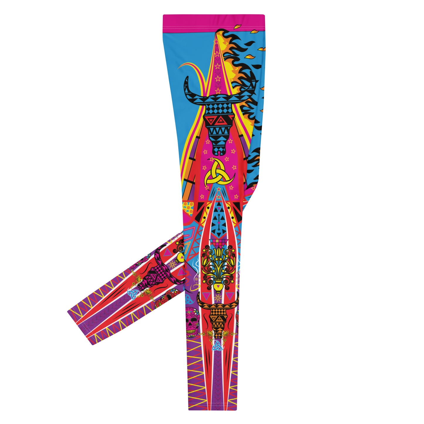 Pro wrestling tights for men in spandex with luche libre style design. Bull, skull, fire in colorful blue, pink and yellow with harlequin crotch, elasticated mid-rise waistband and ankle length footless legs. Body hugging glam fashion meggings.