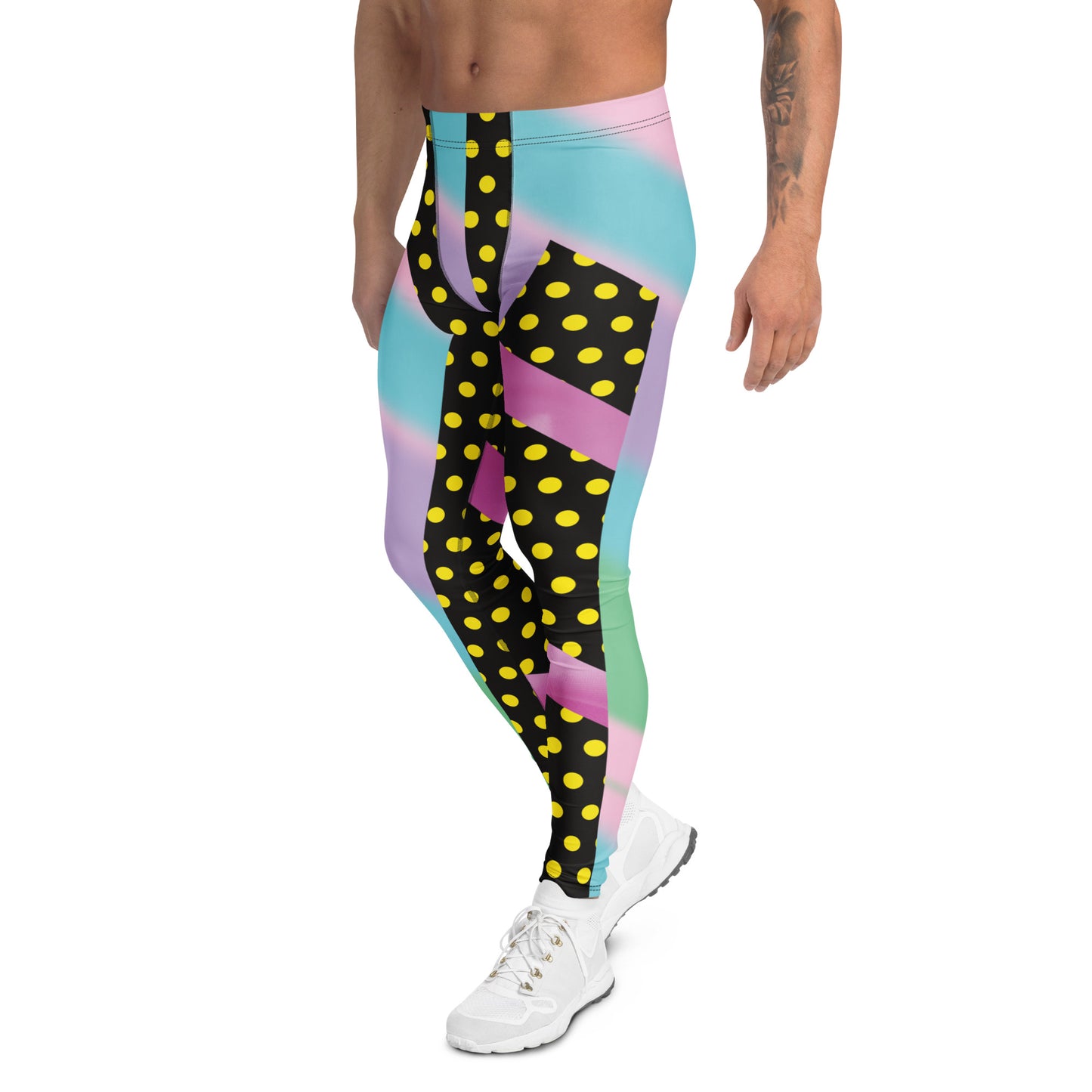 Bold pastel colored wrestling tights in retro style with split polka dot pattern, facing left