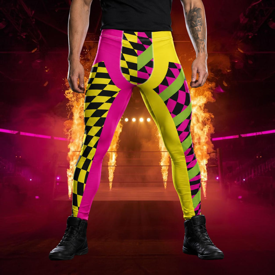 Men's bold leggings in pink and yellow with inset checked design and diagonal green stripes. Retro cosplay wrestler style.