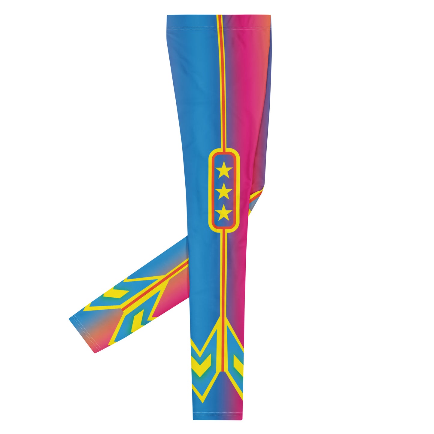 Mens pro wrestling tights in Mexican luche libre luchador style. Rainbow color with yellow and blue motifs with arrows and stars. Mid length with ankle length footless legs.