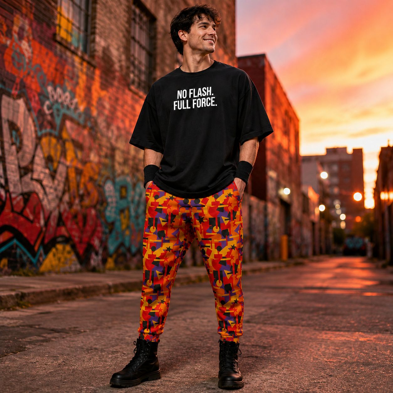 Man wearing a black t-shirt with 'NO FLASH. FULL FORCE' text and colorful joggers standing in an urban alley with graffiti at sunset.