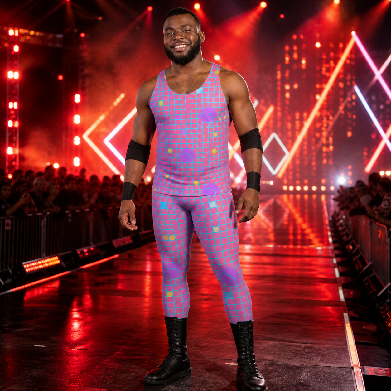 man wearing purple vaporwave grid outfit in geometric pattern in wrestling arena