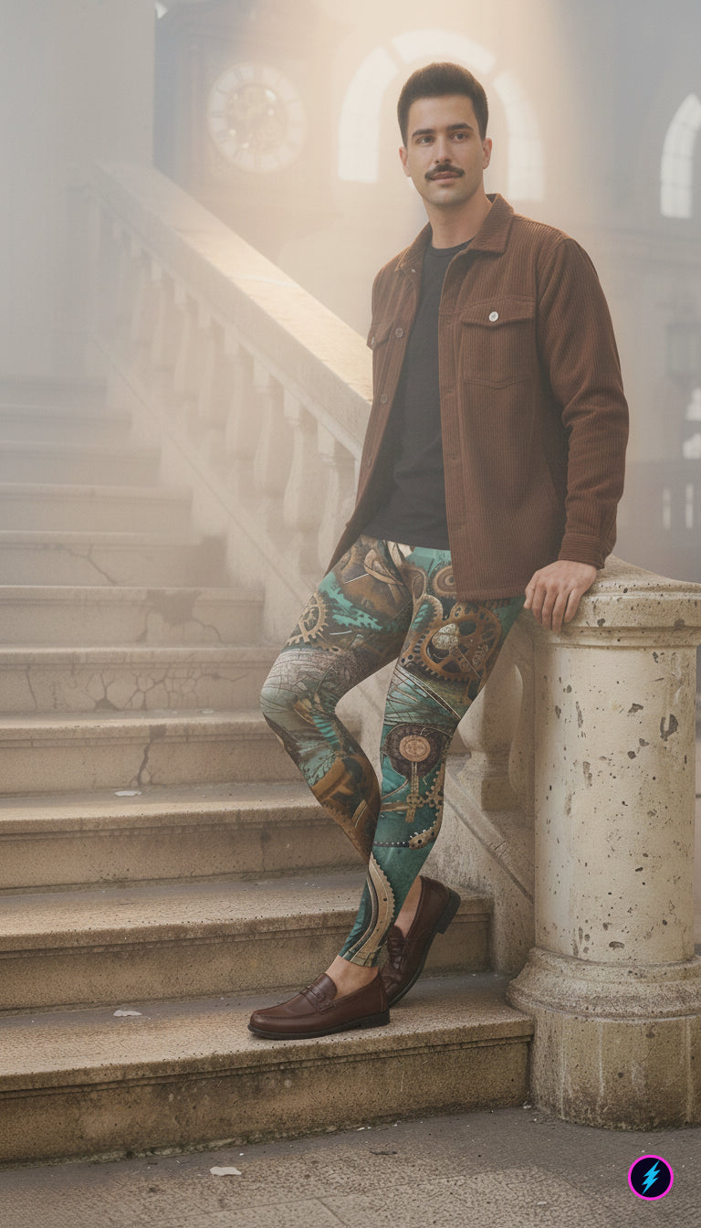 Man wearing a brown jacket and patterned steampunk horology themed leggings standing on stone steps in an old railway station