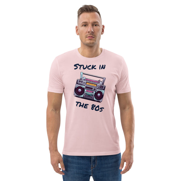 Stuck in The 80s Funny Retro Eighties Party Pastel T-Shirt, Unisex Sizes, Premium Quality Organic Cotton Short Sleeve Tee, 1980s Vintage Funny Gift. Anime 80s style cassette recorder graphic slogan tee shirt by BillingtonPix in pink, blue or yellow