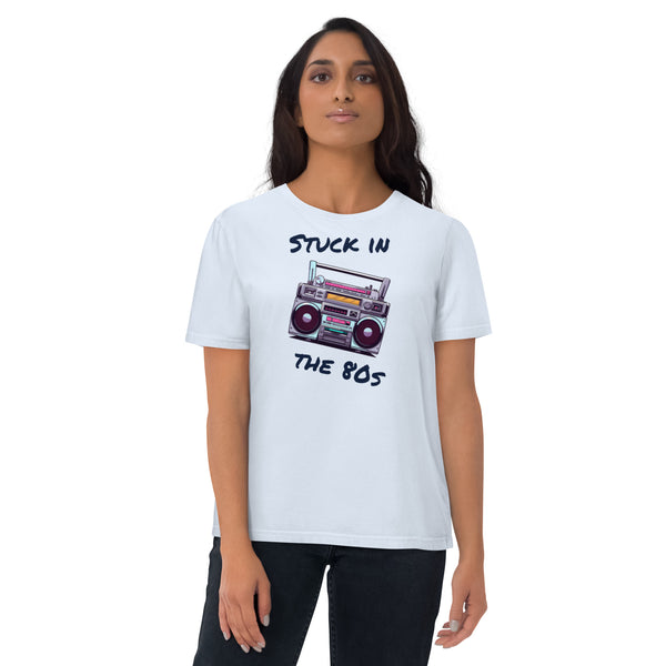 Stuck in The 80s Funny Retro Eighties Party Pastel T-Shirt, Unisex Sizes, Premium Quality Organic Cotton Short Sleeve Tee, 1980s Vintage Funny Gift. Anime 80s style cassette recorder graphic slogan tee shirt by BillingtonPix in pink, blue or yellow