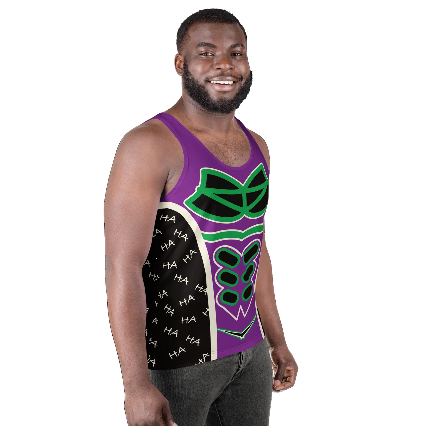 Man wearing a purple and black tank top with green accents on a white background