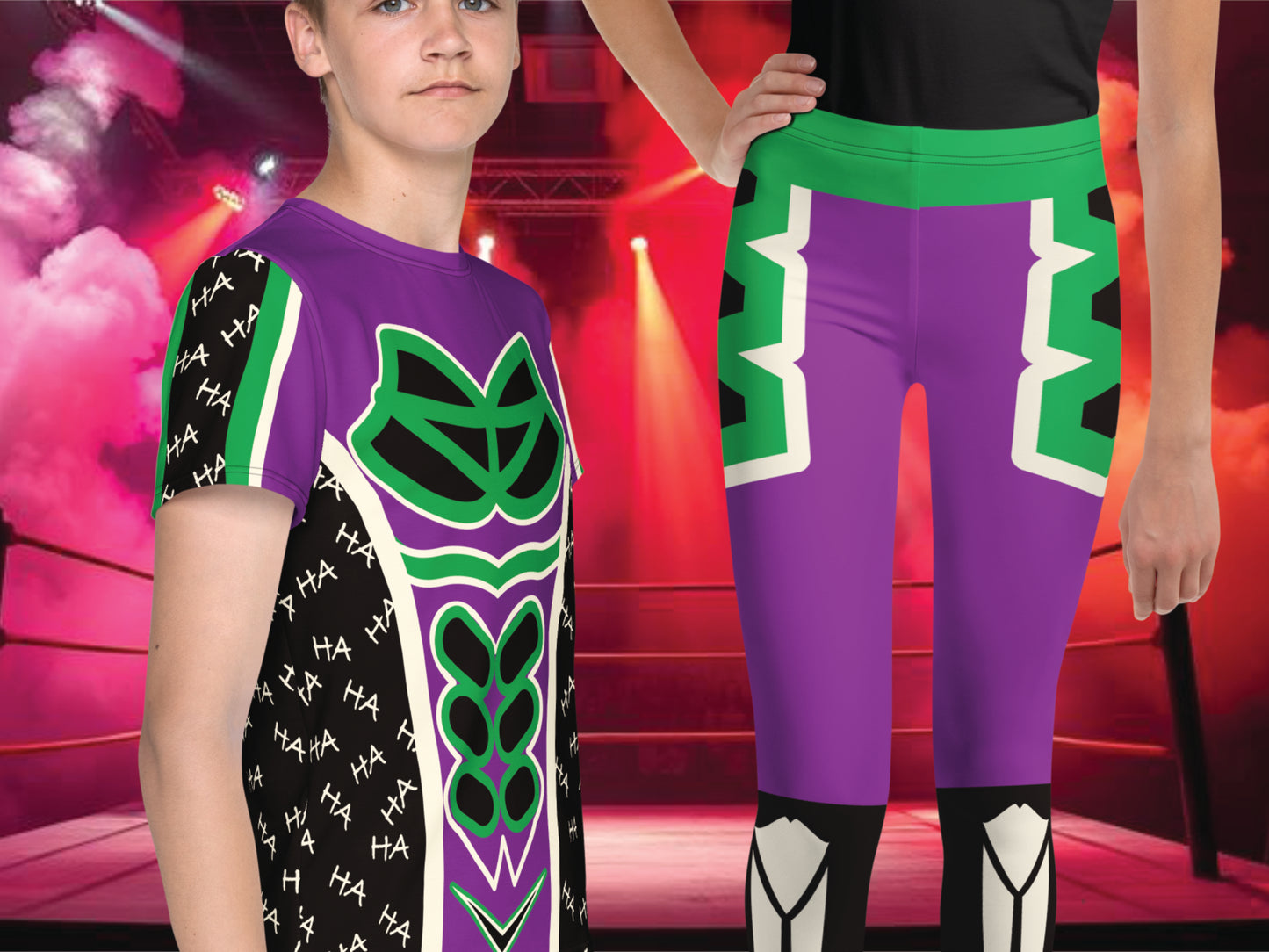 Young teens wearing purple, green and black all-over print wrestler hero themed t-shirt. and matching leggings. Fun ha ha graffiti on sides of shirt and spooky skeleton legs on tights. Wrestling villain style cosplay costume by BillingtonPix