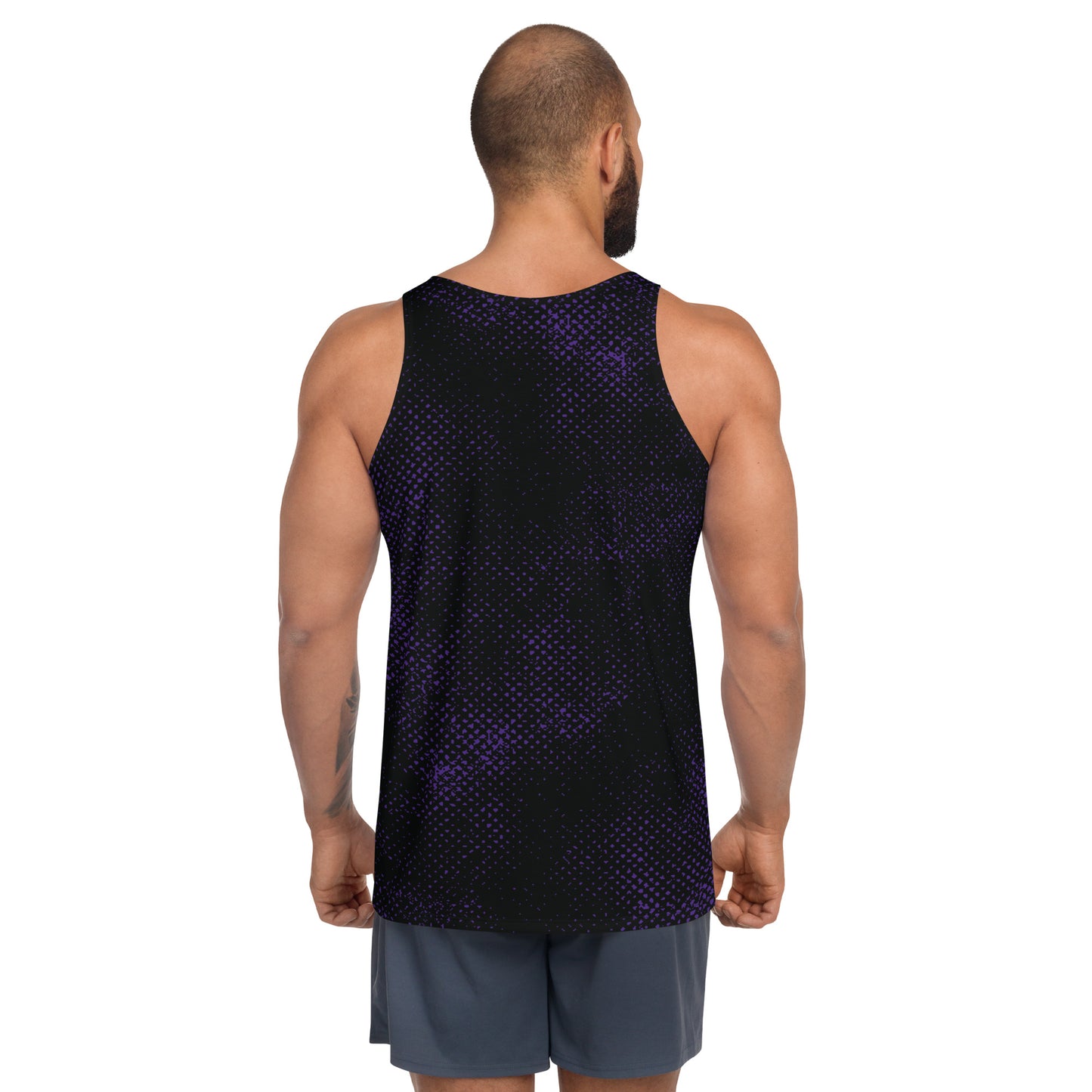 Spooky wrestling costume tank top for men in black and purple displaying a gothic horror skull and wings on the front. Pro wrestling tank top for men.