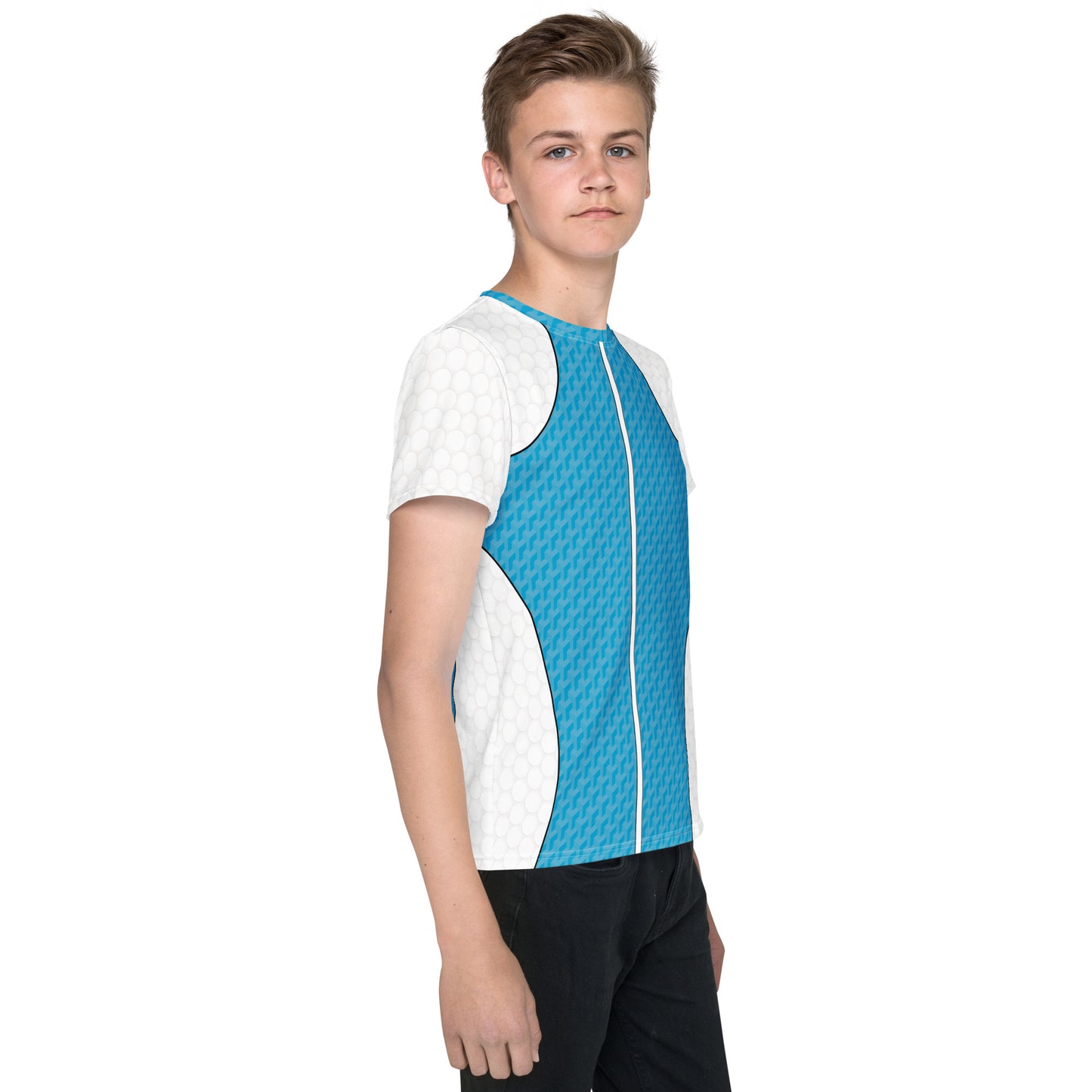 Youth t-shirt in Retro Palm Hero design with cyan textured panels, white shoulders, shown on model from multiple angles.