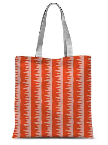 This Mid-Century Modern style shopping tote design consists of colorful pink jagged columns of geometric triangular shapes stacked upon each other like columns against an orange red background