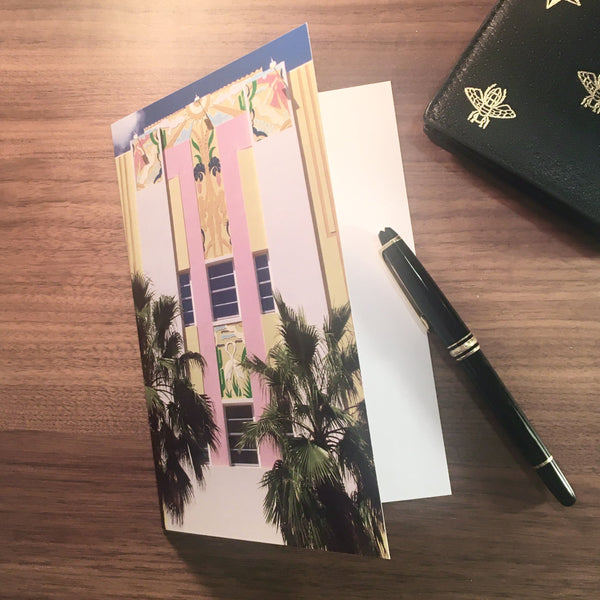 Miami Art Deco yellow and pink building - illustration of greeting card usage