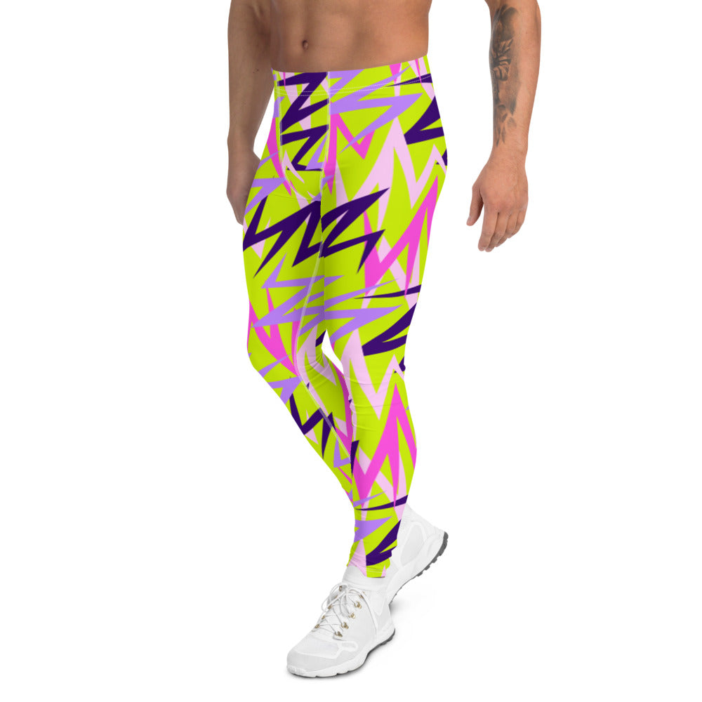 80s Memphis style men's leggings or funky running tights for men by BillingtonPix with tones of pink, black and mauve against a mustard yellow background