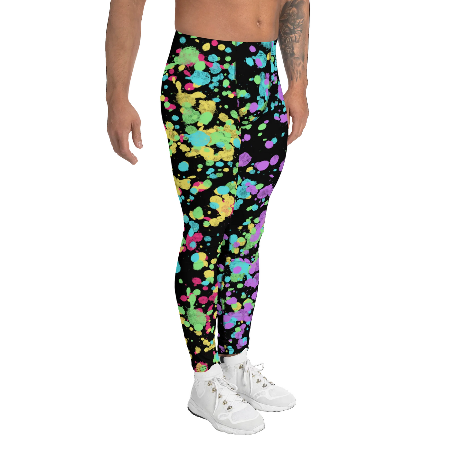LGBT Gay Pride rainbow flag colourful festival meggings with splatters of yellow, red, green, blue and purple against a black background. Perfect for marches, park events, festivals, clubbing and disco dancing. Dress to impress at the gym or when worn as running tights for men.
