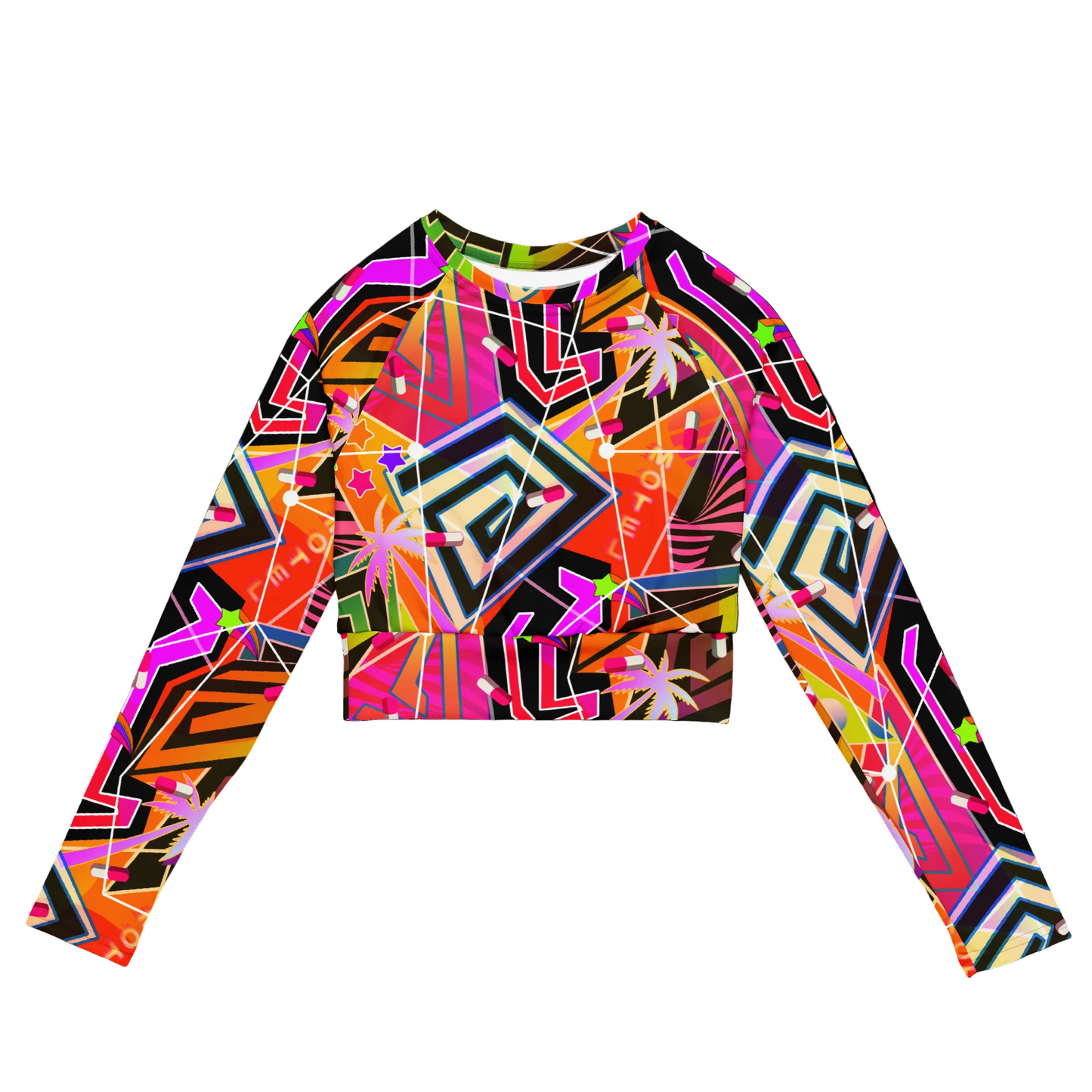 Orange retrowave geometric neoncore womens underboob crop top made with recycled polyester in a vibrant sparkling patterned design. Crew neck and long arms in raglan style with a high waistband. Soft and stretchy with orange, pink, black and white Vegas Vaporwave motifs on this cropped bikini top for women