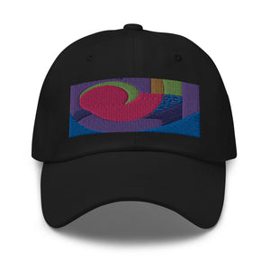 Black dad hat with colorful rectangular logo containing blocks of colors of pink, purple, green and blue, curves and geometric shapes in a mid-century modernist abstract composition
