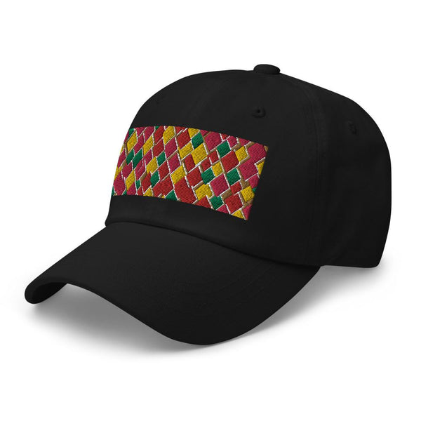 Geometric diamond shaped rectangular logo in pink, orange, yellow and green in this 60s inspired black colored dad cap