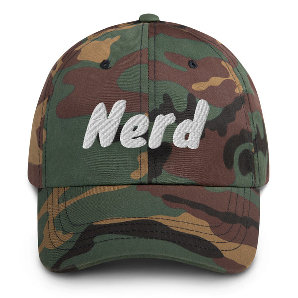 Dad hat with the slogan Nerd in white thread against coloured caps by BillingtonPix